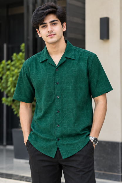 Men's Dark Green Patterned Casual Button-Down Shirt