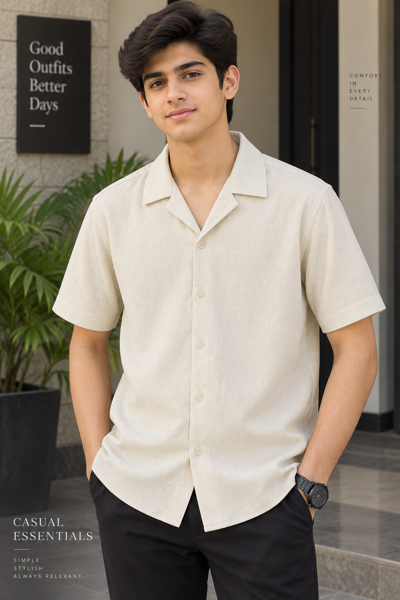 Beige Cuban Collar Casual Shirt for Men