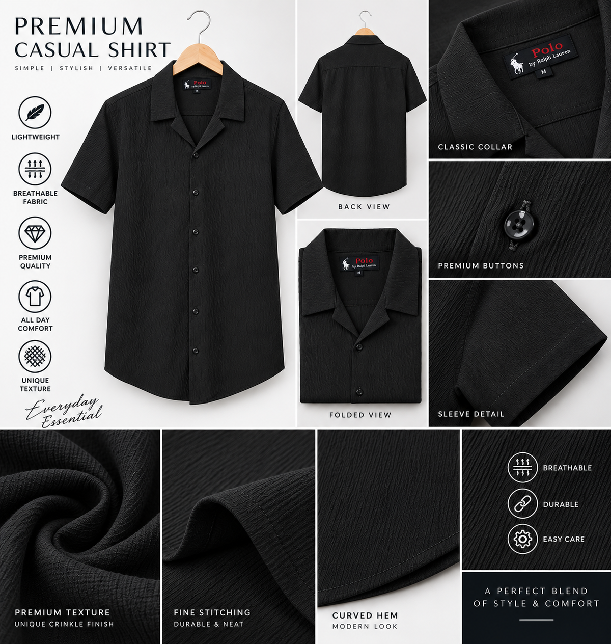 Men's Black Short-Sleeve Cuban Collar Casual Shirt