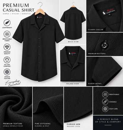 Men's Black Short-Sleeve Cuban Collar Casual Shirt