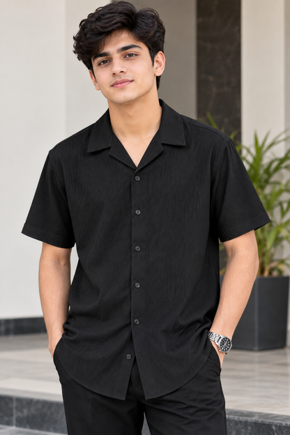 Men's Black Short-Sleeve Cuban Collar Casual Shirt