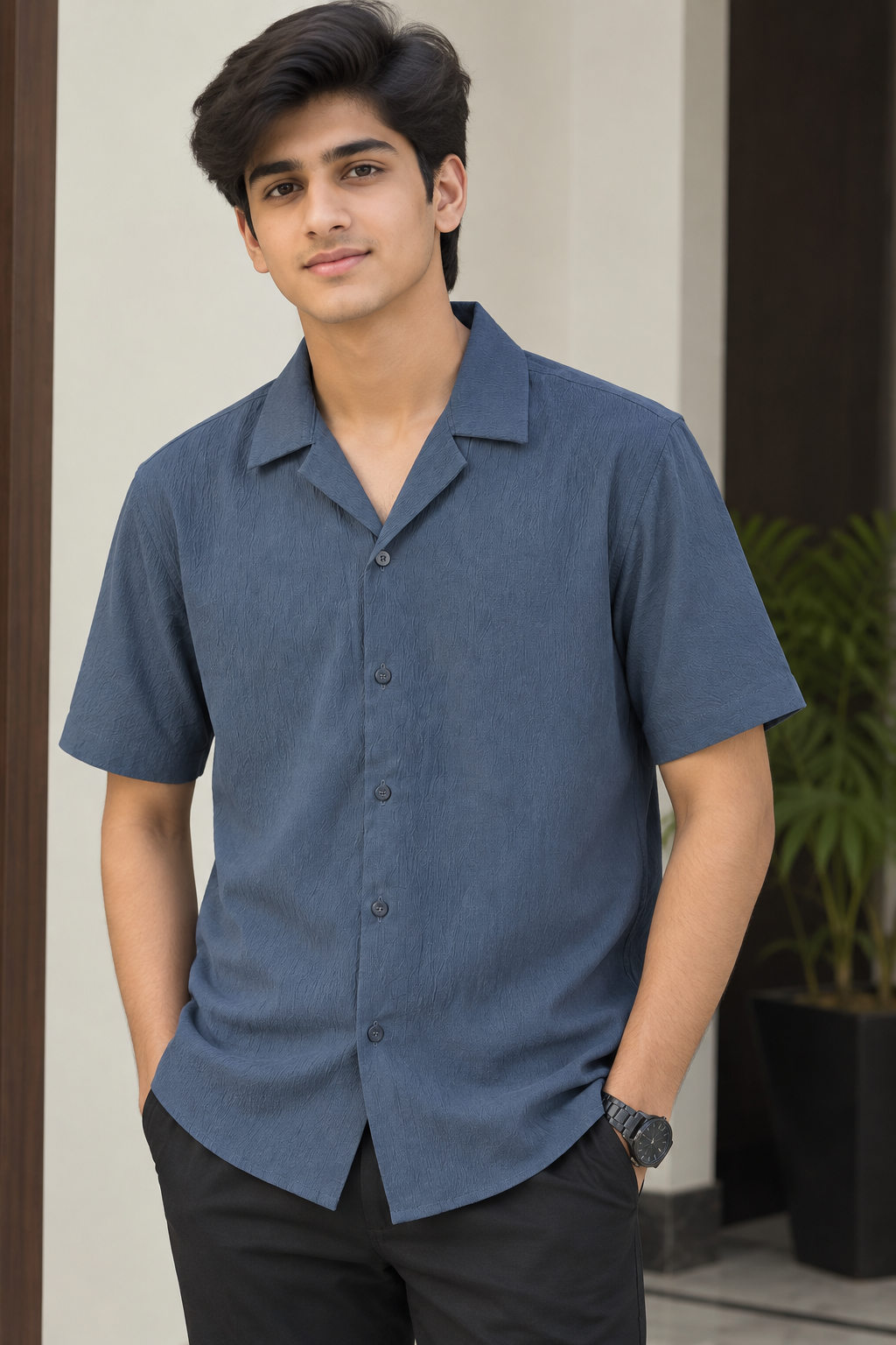 Dark Grey Cuban Collar Shirt for Men