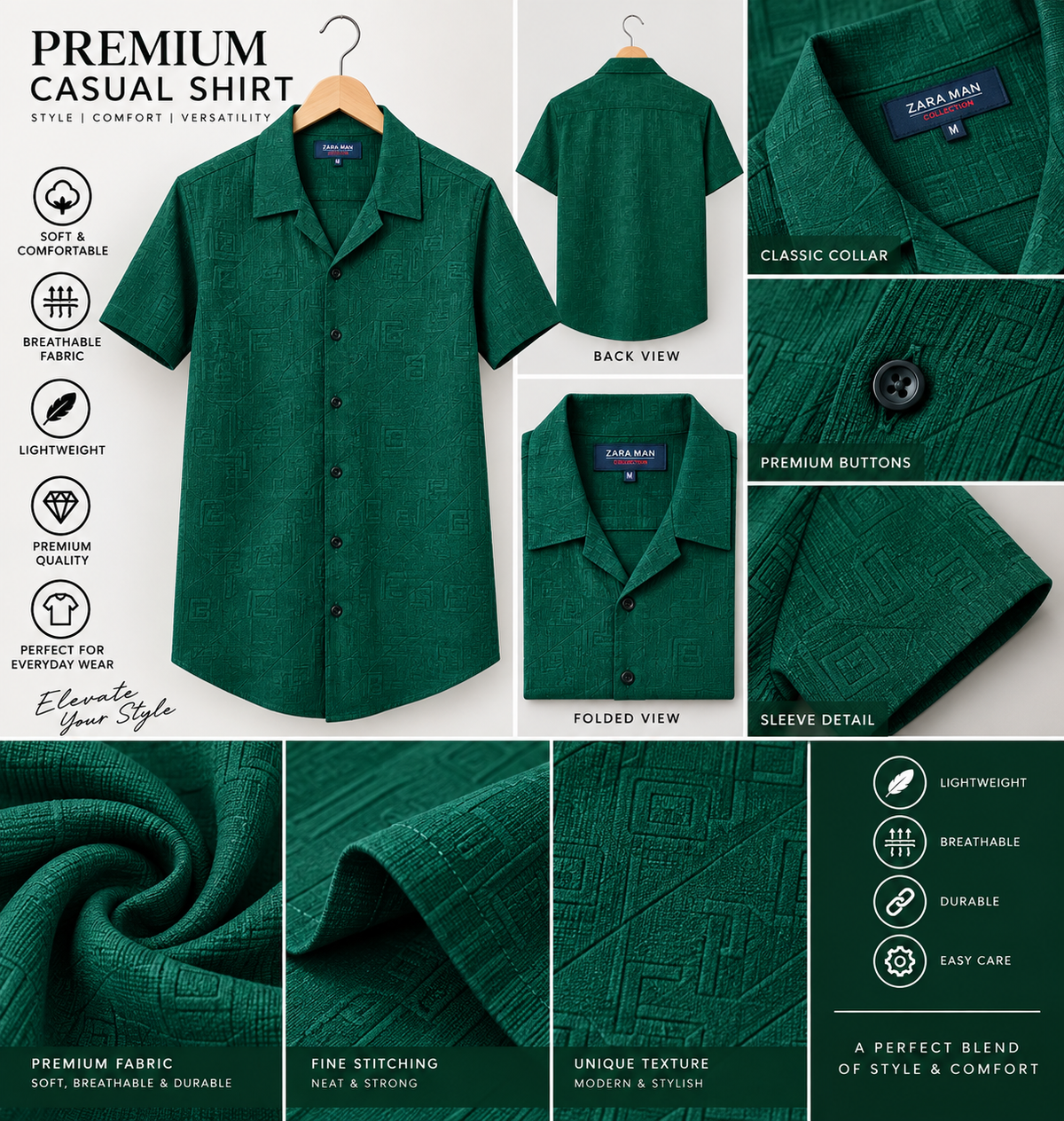 Men's Dark Green Patterned Casual Button-Down Shirt