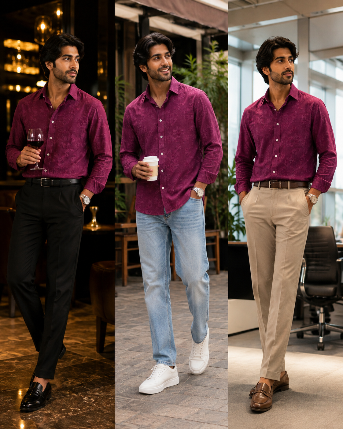 Men's Purple Textured Long-Sleeve Casual Shirt