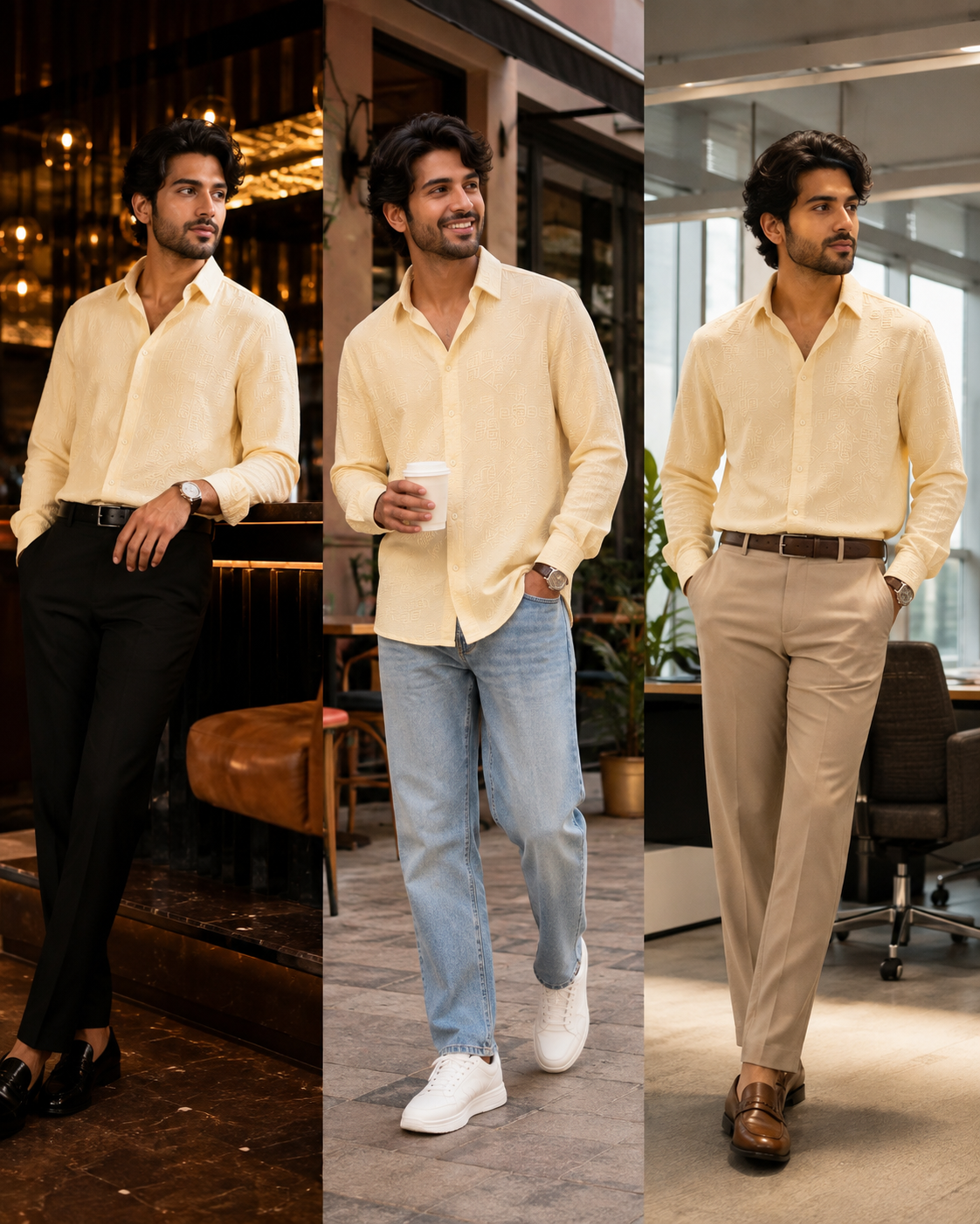 Men's Light Cream Textured Button-Down Shirt