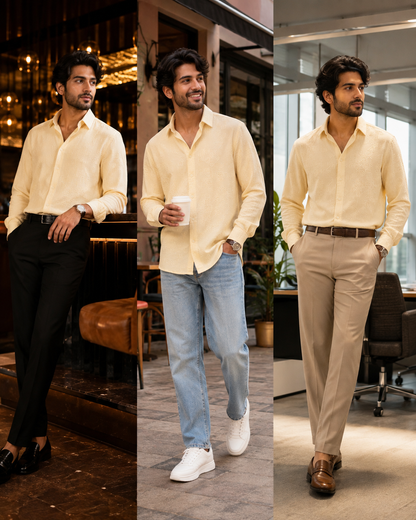 Men's Light Cream Textured Button-Down Shirt