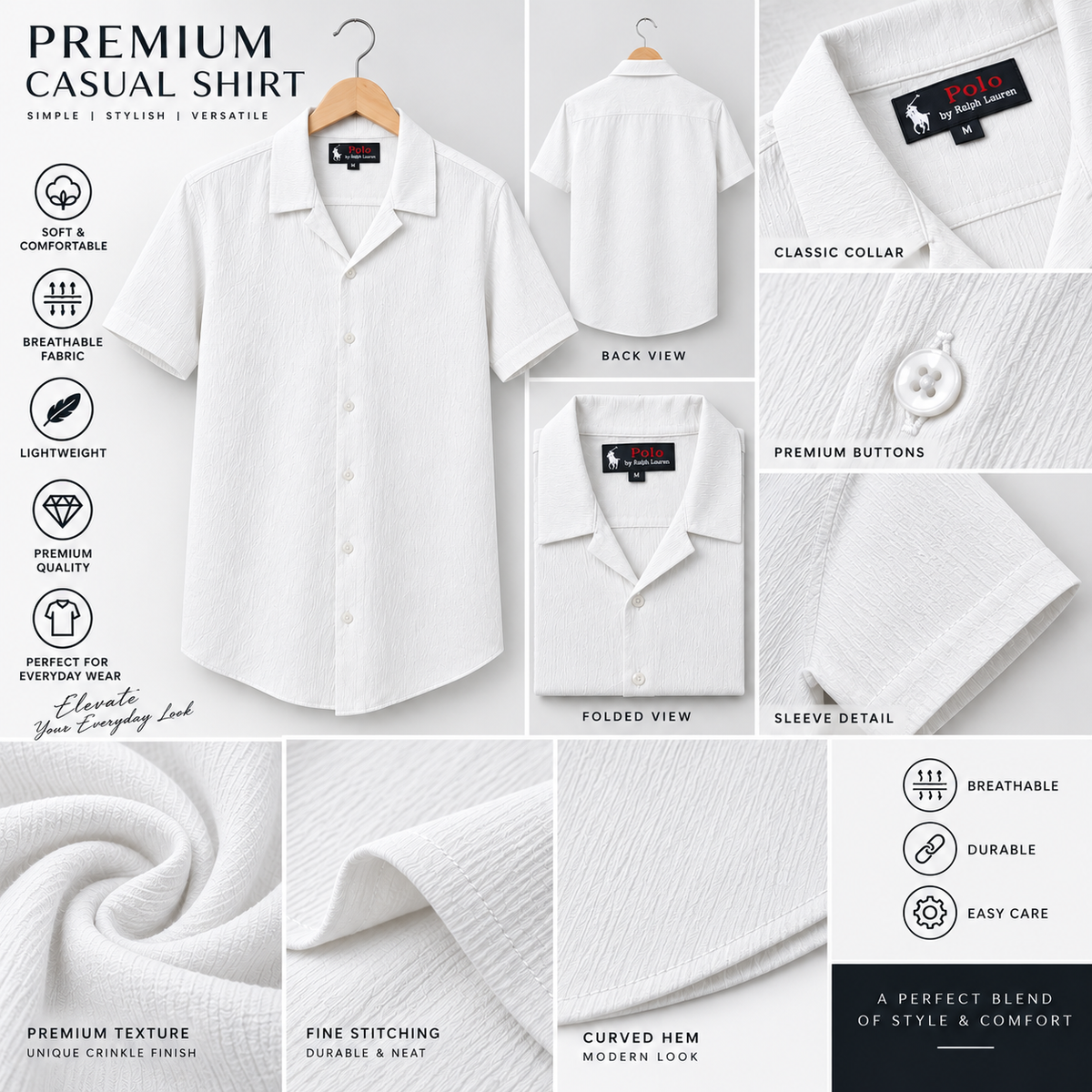 White Cuban Collar Casual Shirt for Men