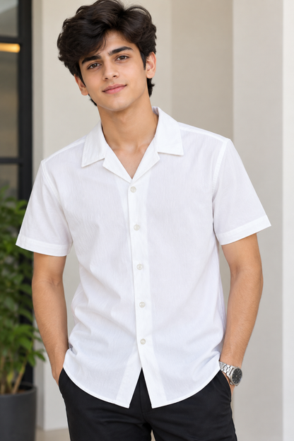 White Cuban Collar Casual Shirt for Men