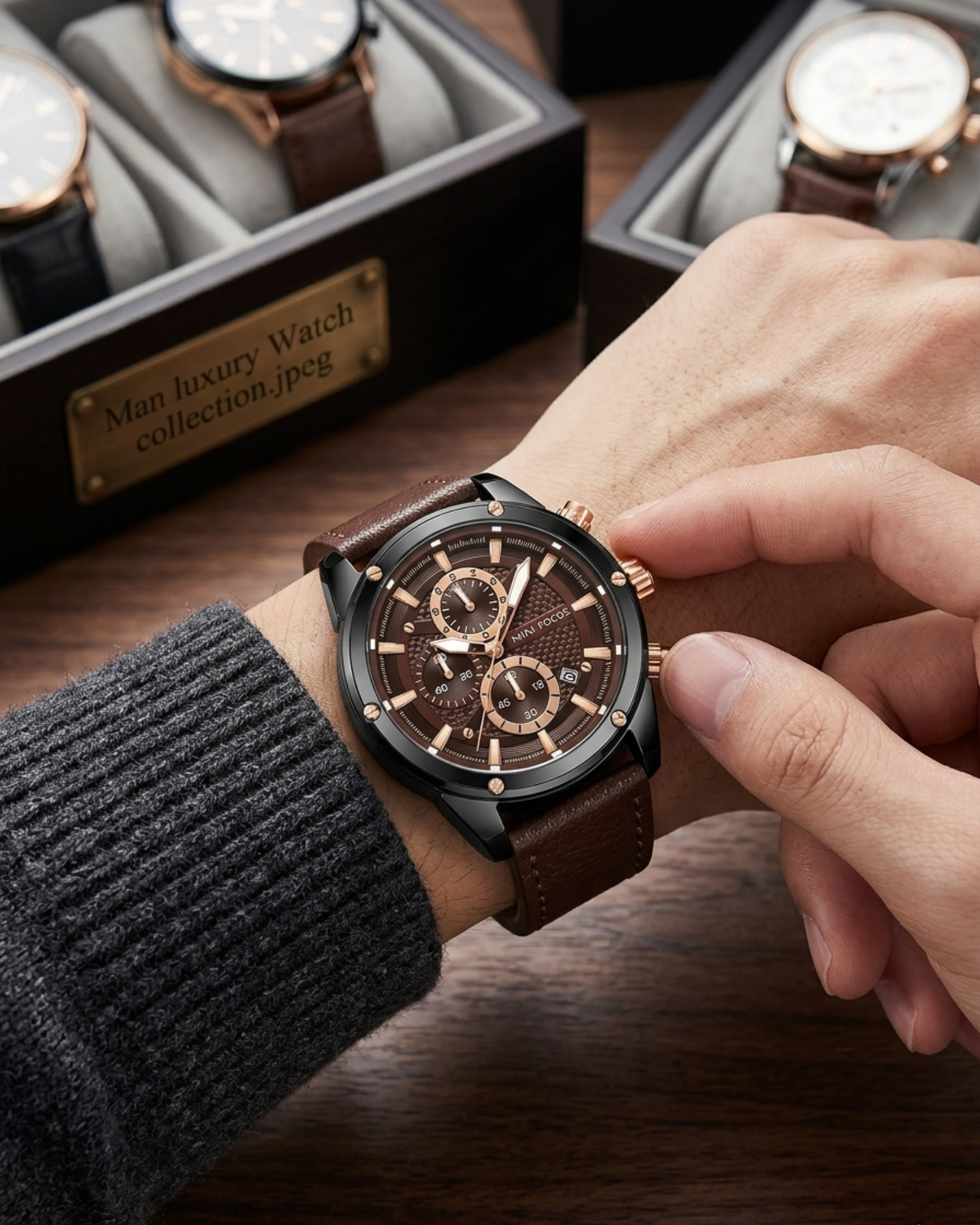 MINI FOCUS Men's Leather Chronograph Watch – Brown & Black