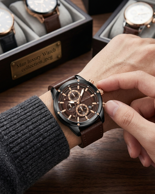 MINI FOCUS Men's Leather Chronograph Watch – Brown & Black