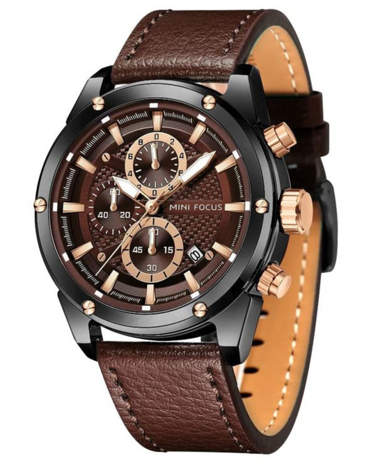 MINI FOCUS Men's Leather Chronograph Watch – Brown & Black