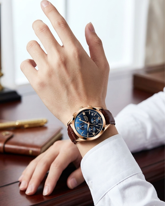 Luxury Men's Chronograph Watch – Rose Gold & Blue Dial
